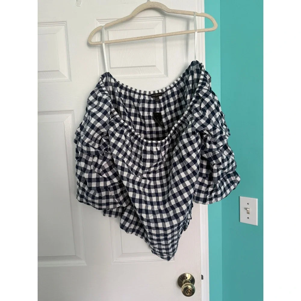 Lane Bryant Navy White Gingham Off Shoulder Ruffle Sleeve Top Plus 18/20 NWT
